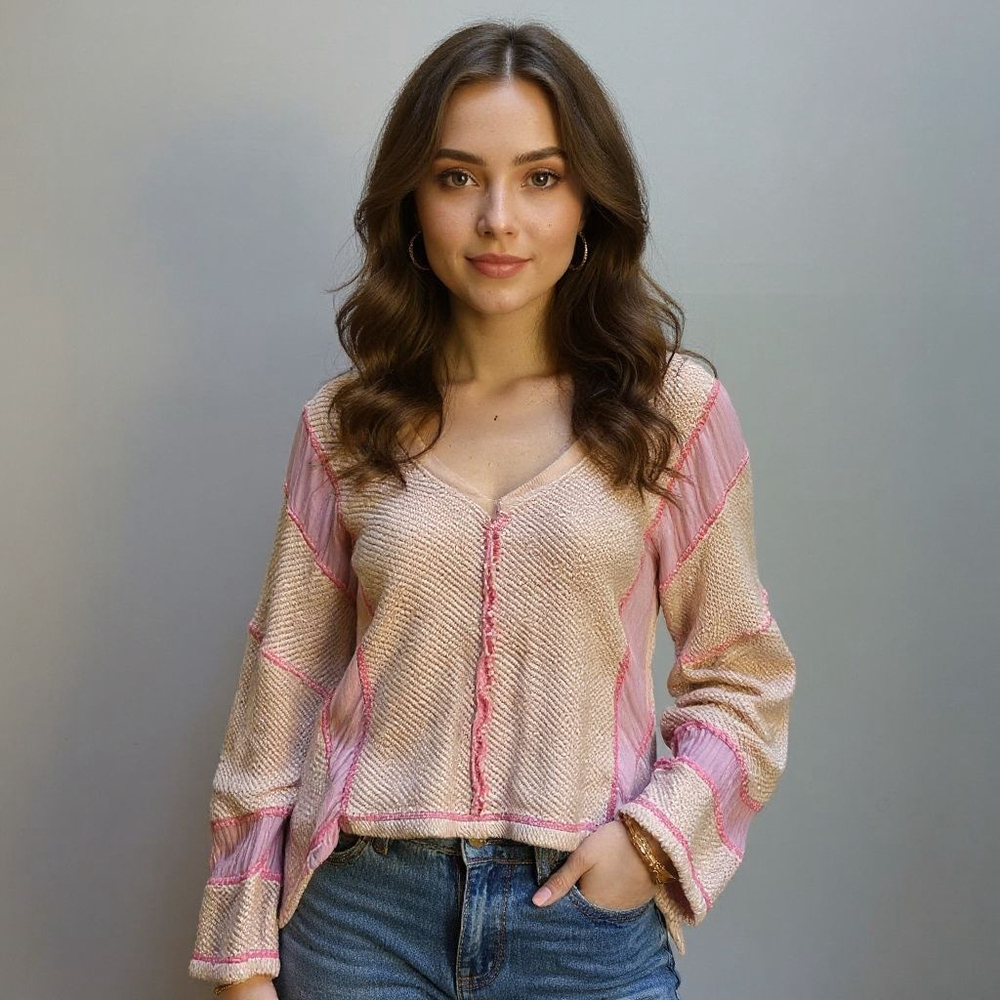 Out From Under Kendra Beige Pink Patchwork V-Neck Sweater M